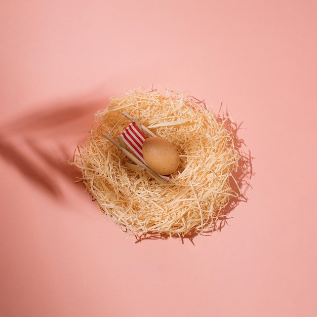 Foto el diseño de pascua hecho con huevo y nido naturaleza minimalista fondo vacaciones de primavera concepto de colocación plana