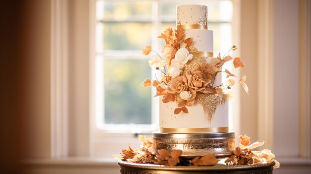 Diseño de pastel de boda postre de otoño estilo y decoración navideña pastel de varios niveles para un evento de otoño lugar de comida servicio de catering y elegante decoración de campo estilo cabaña