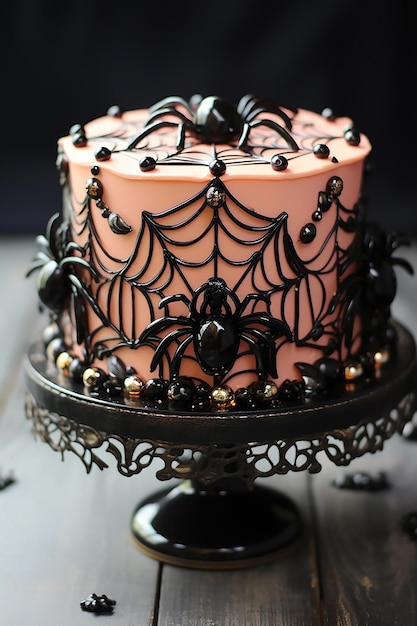 El diseño del pastel de Halloween es una araña.
