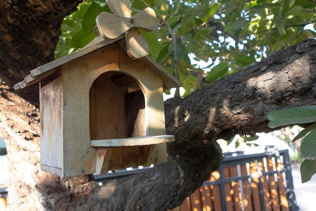 Foto diseño de patio trasero con casita para pájaros en el árbol.