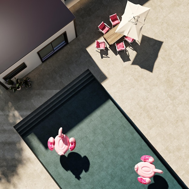 Diseño de patio trasero con piscina al aire libre Vista superior Representación 3d