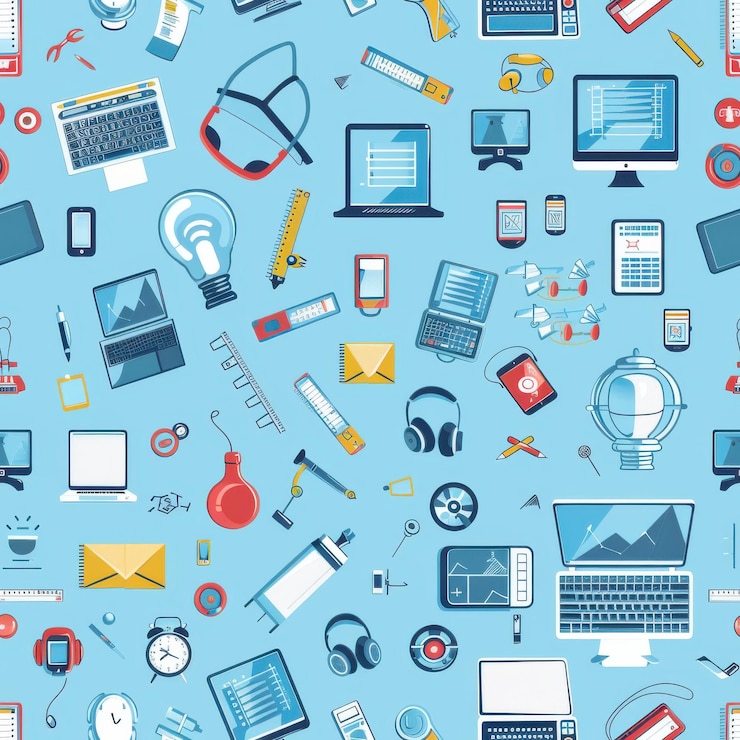 Foto diseño de patrón sin costuras con fondo azul y varios iconos de tecnología