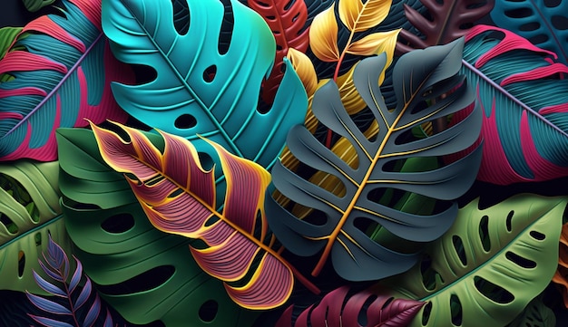Diseño de patrón de hojas selva tropical Use colores vibrantes y llamativos IA generativa