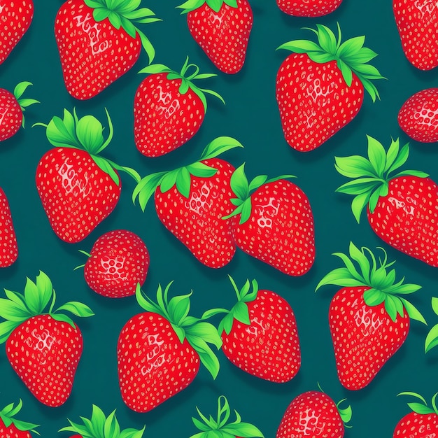 Diseño de patrones sin fisuras repetido con fruta de fresa fresca y hoja verde sobre fondo oscuro