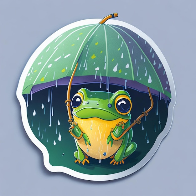 diseño de pegatina cortada con el tema de un lindo personaje de rana usando un paraguas generado por IA