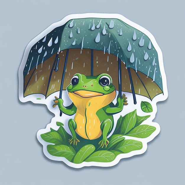 diseño de pegatina cortada con el tema de un lindo personaje de rana usando un paraguas generado por IA