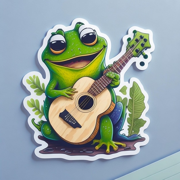 diseño de pegatina cortada con el tema de un personaje de rana tocando la guitarra generado por IA