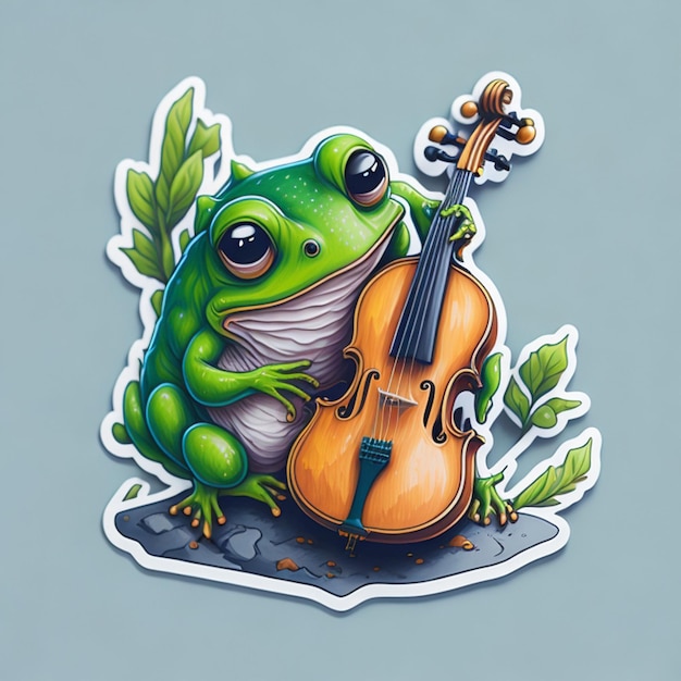 diseño de pegatina cortada con el tema de un personaje de rana tocando el violín generado por IA