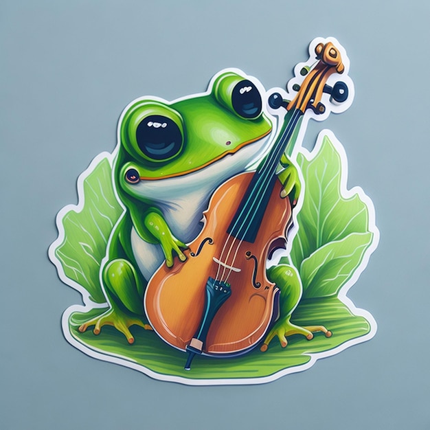 diseño de pegatina cortada con el tema de un personaje de rana tocando el violín generado por IA