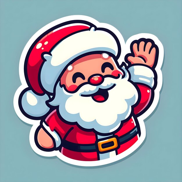 Un diseño de pegatina feliz de dibujos animados de Santa Claus saludando con una gran sonrisa en su cara de Navidad