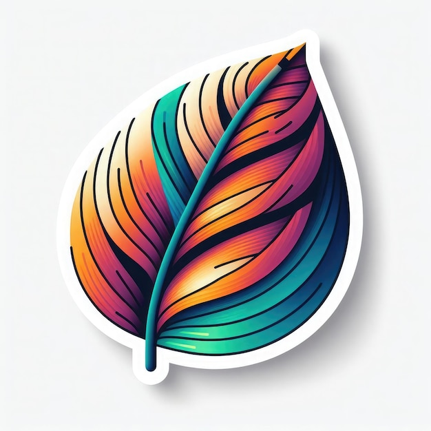 diseño de pegatina de una pluma de hoja colorida sobre un fondo blanco