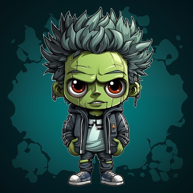 Diseño de pegatina de un zombi gracioso y lindo con una vieja chaqueta desgarrada al estilo cyberpunk