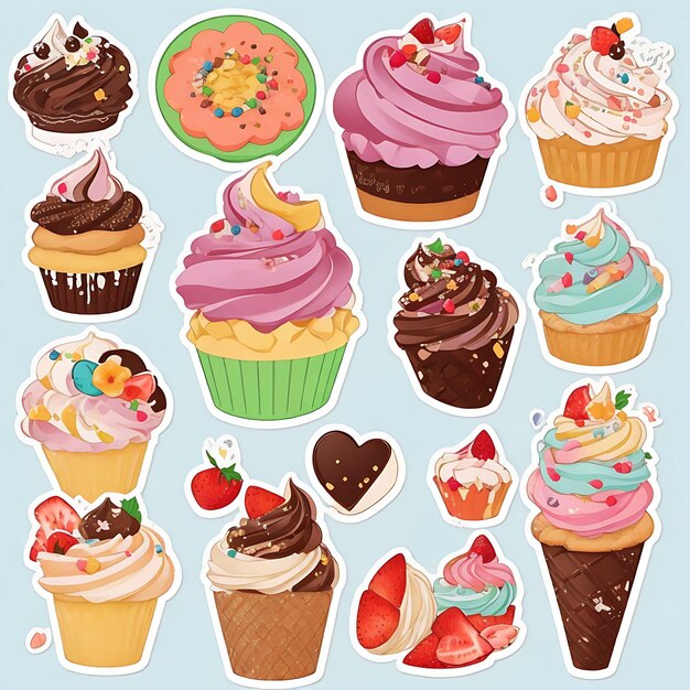 Foto diseño de pegatinas vectoriales con una variedad de postres deliciosos como los cupcakes