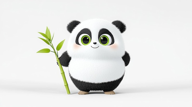 Foto un diseño de personaje de dibujos animados en 3d de un lindo panda con pelaje blanco y negro un palo de bambú en su pata y un gran vientre con gran detalle