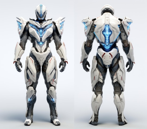 Diseño de personaje de juego futurista de ciencia ficción en 3D, avatar de robot cyborg inspirado en Fortnite y Star Wars