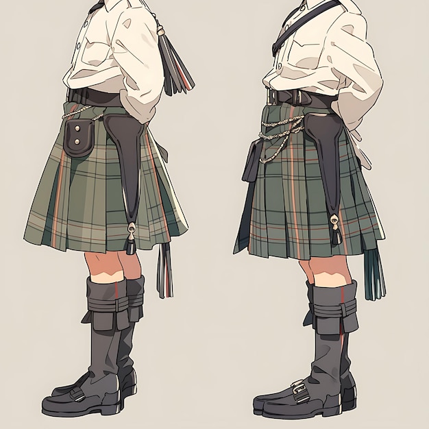 Diseño de personajes de anime Hombre Kilt escocés Highland Wedding Tall Tartan Plaid Groom Arte conceptual