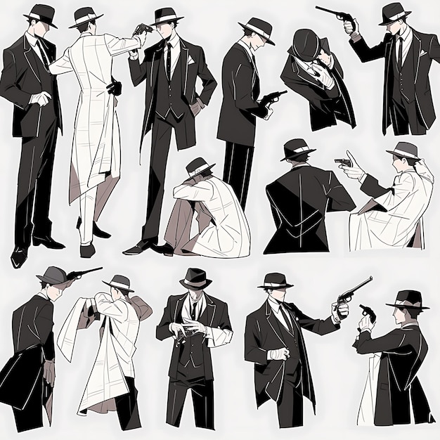 Diseño de personajes de anime Hombre traje de boda de gángster de los años 40 de doble pecho Pinstripes Concept Art