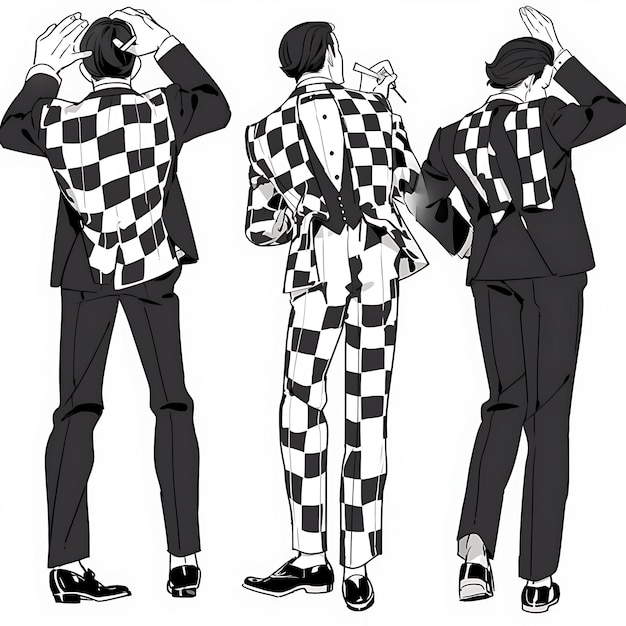 Foto diseño de personajes de anime hombre traje de boda de rockabilly de 1950 tres piezas negro y whi arte conceptual