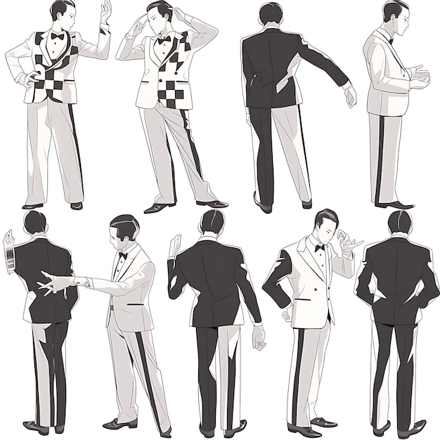 Diseño de personajes de anime Hombre traje de boda de rockabilly de 1950 tres piezas negro y Whi arte conceptual