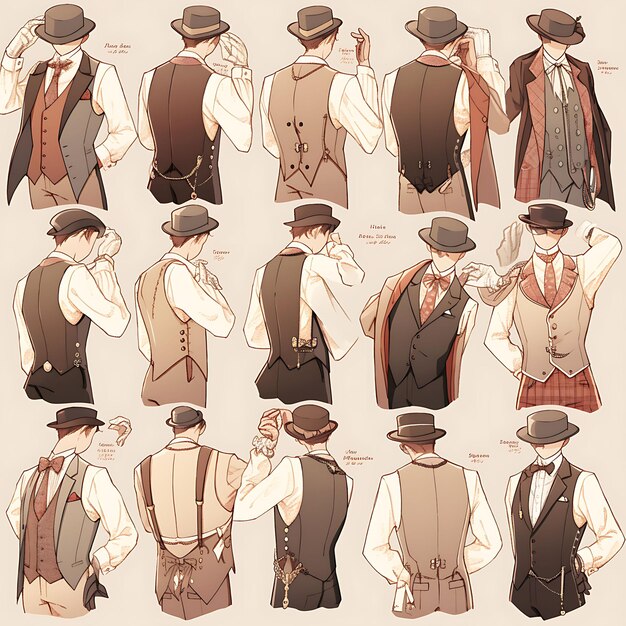 Diseño de personajes de anime Hombre victoriano Steampunk Moda de boda chaleco y Pocke Arte conceptual