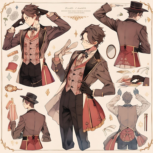 Diseño de personajes de anime Hombre victoriano Steampunk Moda de boda chaleco y Pocke Arte conceptual