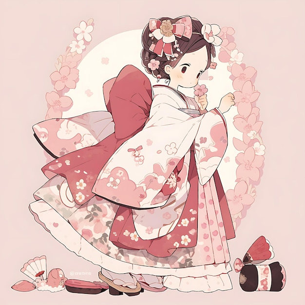 Diseño de personajes de anime Kimono femenino inspirado en el vestido Cerezo en flor Boda Saku alto Arte conceptual