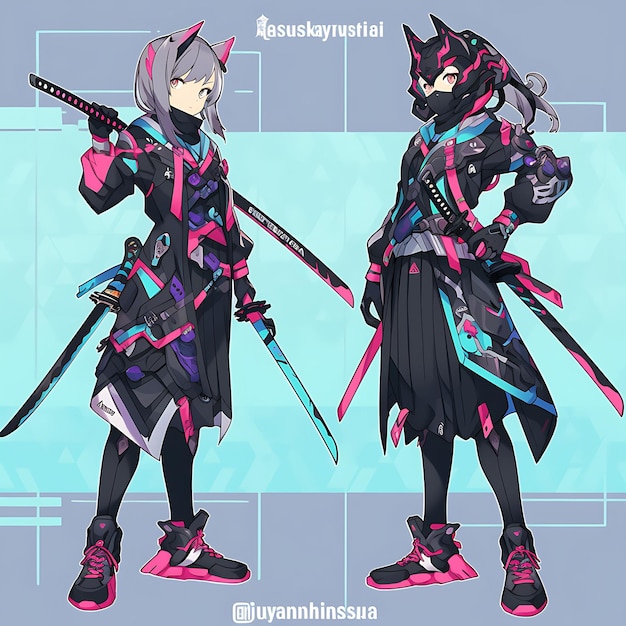 Diseño de personajes de anime Mujer Cyberpunk Ninja Moda de bodysuit de alta tecnología Arte conceptual