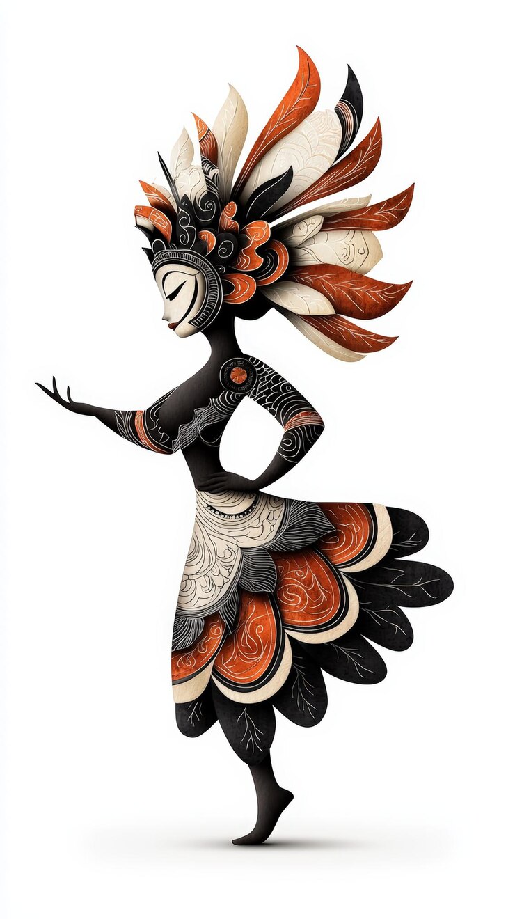 Un diseño de personajes caprichosos adornados con colores vibrantes y patrones intrincados que muestran creatividad y elegancia cultural