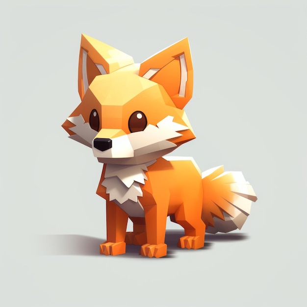 Diseño de personajes detallados de Low Poly Fox Cartoon con influencia de Minecraft y Pixel Art