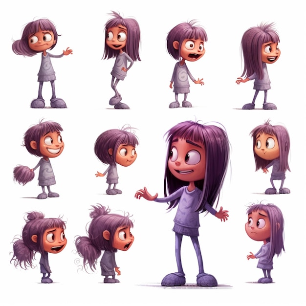 Foto diseño de personajes de dibujos animados de una niña con diferentes expresiones generativas ai