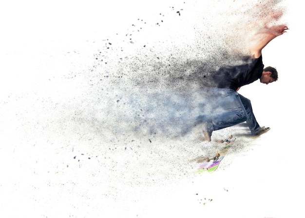 Foto diseño pixelado abstracto de un niño practicando y saltando patinaje en un parque