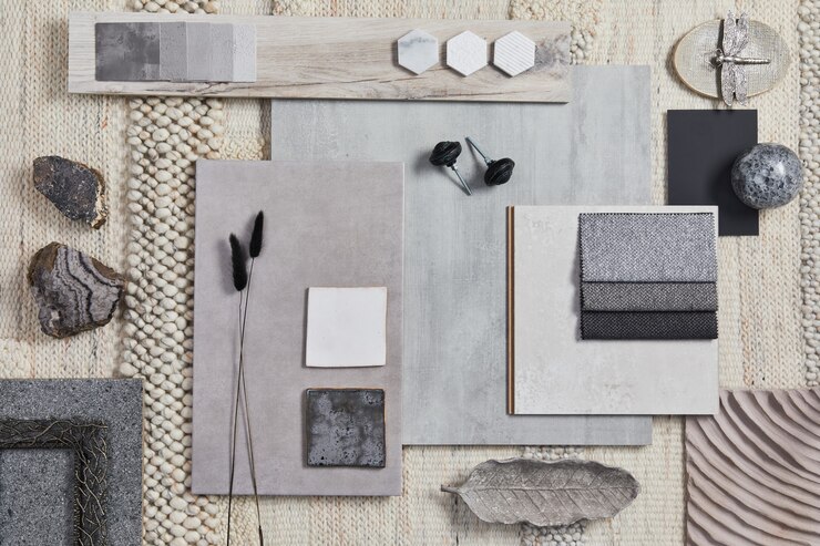 Diseño plano de la composición de moodboard de arquitecto creativo con muestras de construcción, textiles beige y materiales naturales y accesorios personales. Vista superior, plantilla.