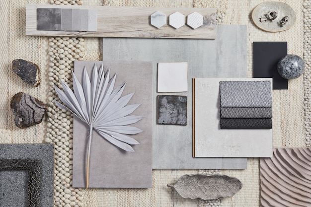 Diseño plano de la composición de moodboard de arquitecto creativo con muestras de construcción, textiles beige y materiales naturales y accesorios personales. Vista superior, plantilla.