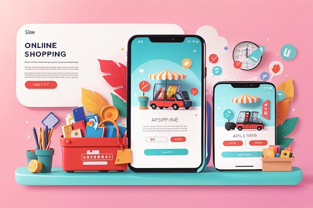 Diseño plano del concepto de plantillas de aplicaciones móviles de banner de compras en línea