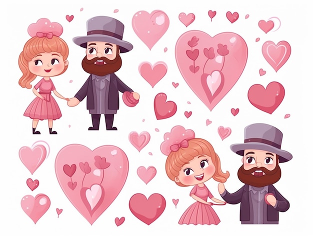 Diseño plano Día de San Valentín Doodle 14 de febrero Ilustraciones vectoriales de pareja de amor corazón valentín rey reina manos flores Dibujos para tarjetas postales felicitaciones y carteles