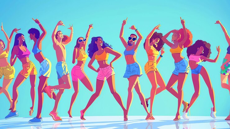 Foto diseño plano de fiesta de baile tema de ritmo de vista lateral dibujo de dibujos animados esquema de colores tetrádico