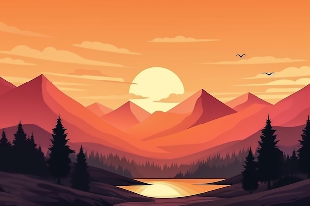 Diseño plano de naturaleza Hermosa vista del atardecer con bosque y montaña en la ilustración de la naturaleza