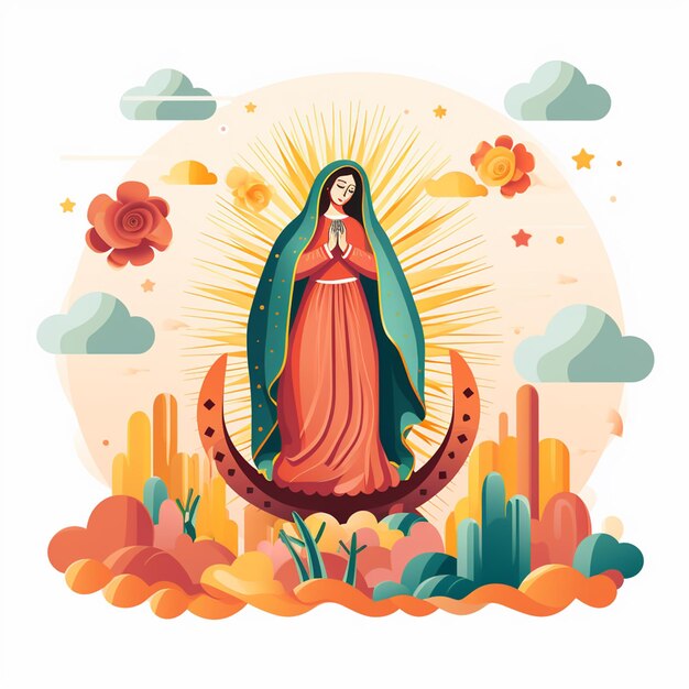 Foto diseño plano de la virgen flotando sobre un fondo blanco