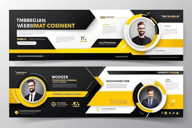 Diseño de plantilla de banner horizontal de webinar de negocios Diseño de banner moderno con fondo blanco y negro y forma de marco amarillo