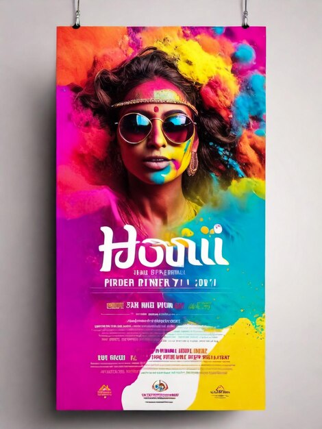 Foto diseño de plantilla de tarjeta de folleto de la fiesta feliz del festival de holi con cuencos de color polvo de holi en fondo multicolor ilustración vectorial