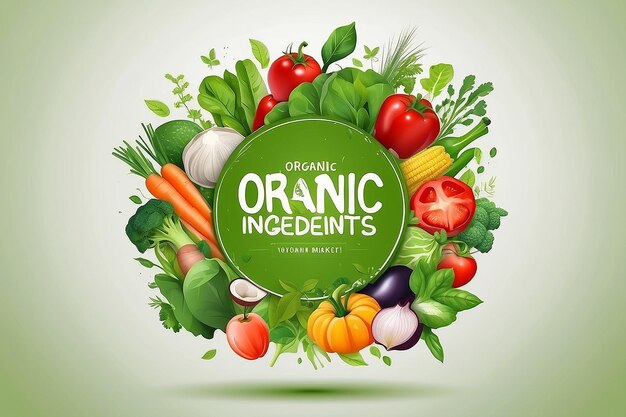 Diseño de plantillas de ingredientes orgánicos para el concepto de alimentos saludables Banner de alimentos vegetarianos para tiendas y mercados ecológicos