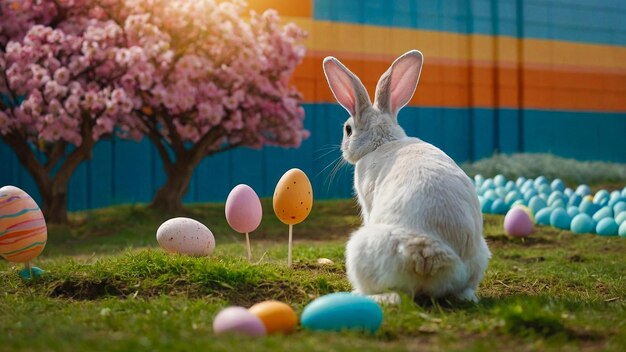 Diseño de plantillas de Pascua con conejos y huevos de chocolate Texto espacial para redes sociales