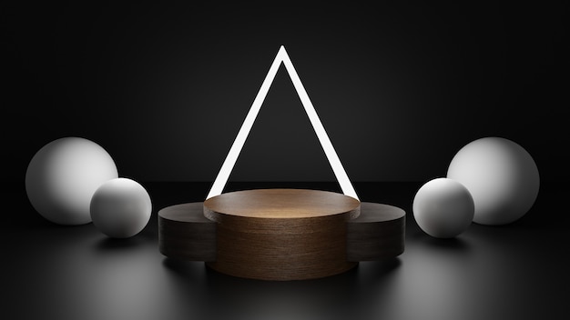 Diseño de plataforma 3D de madera de triángulo de neón.