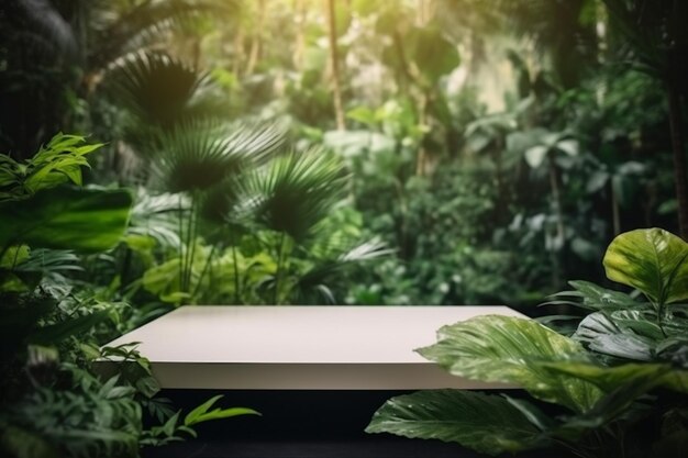 Diseño de podio espacio arriba plataforma simulada madera palma color hoja verde IA generativa