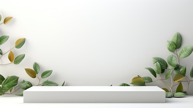diseño de podio para exhibición de productos o stand de productos con adornos de hojas y fondo minimalista