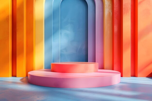 Diseño de podio minimalista y colorido para la presentación de productos con telón de fondo abstracto