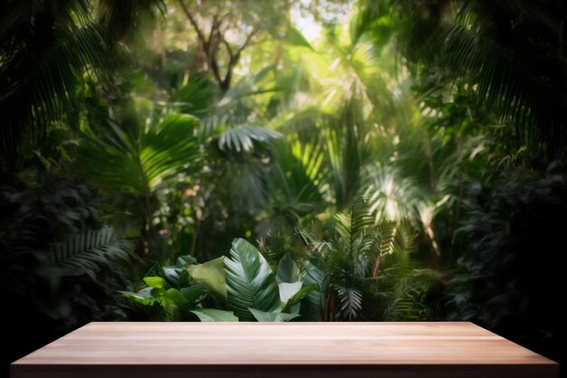Diseño de podio de plataforma de madera de hoja verde simulada de color de palma espacial IA generativa