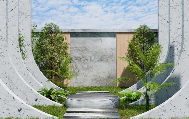 Diseño de podio para presentación de productos y diseño de maquetas de jardines