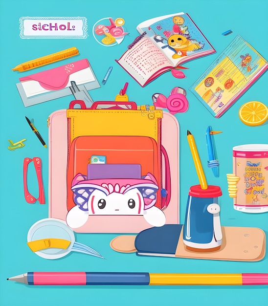 Diseño de portada para libros infantiles con accesorios escolares.