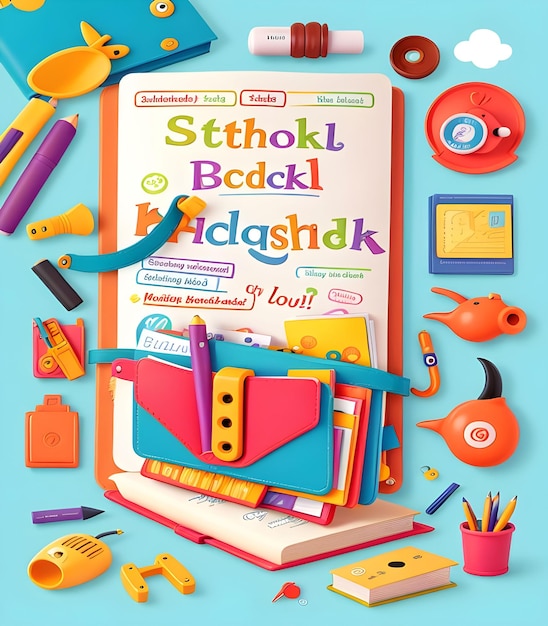 Diseño de portada para libros infantiles con accesorios escolares.